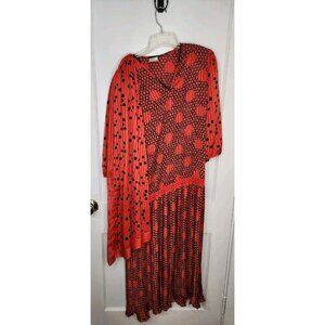 Diane Freis Georgette Red Polka Dot Maxi Dress Pleated Attached Scarf Sz Large